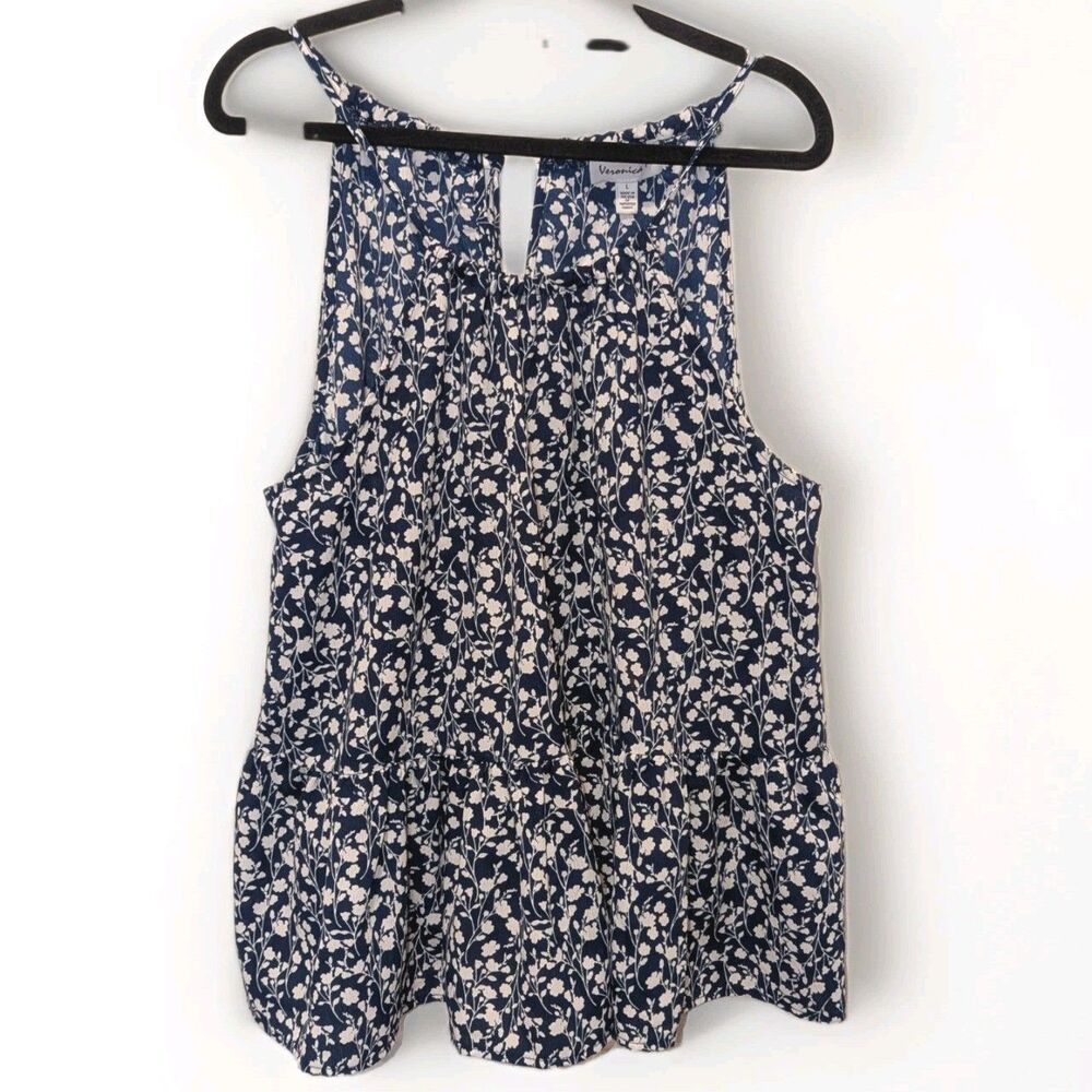 Veronica M‎ Floral Tank Boho Cottagecore Flowy Tiered Top Blue Retro Hippie